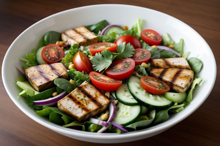 A colorful salad bowl with leafy greens, tomatoes, cucumbers, and grilled chicken or tofu.