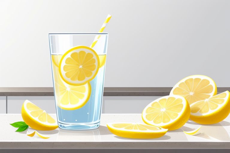 A clear glass of water with lemon slices on a clean kitchen countertop.